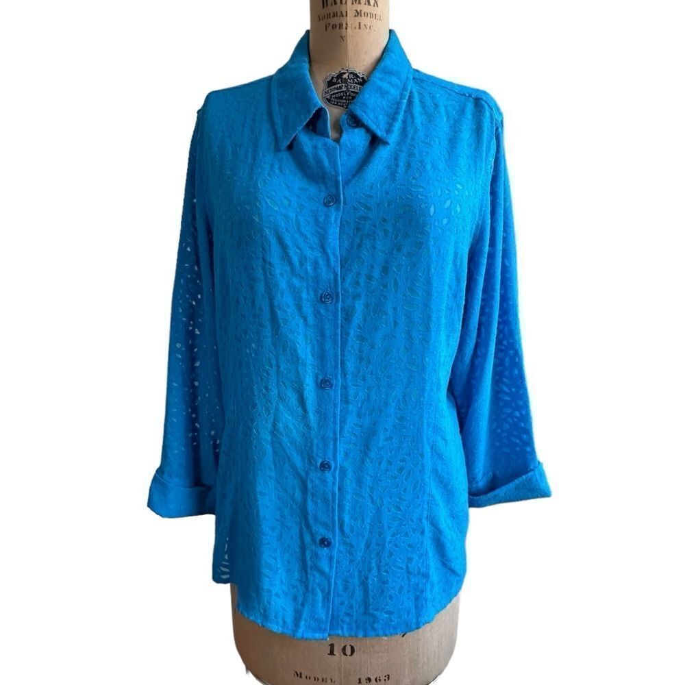 Vintage Sag Harbor Turquoise burn out leaf design 3/4 sleeve button down size 16 - Picture 2 of 10